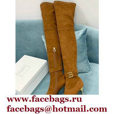 Balmain Heel 9.5cm Raven Thigh-high Boots Suede Brown 2021 - Click Image to Close