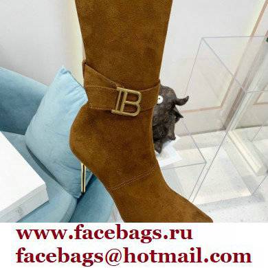 Balmain Heel 9.5cm Raven Thigh-high Boots Suede Brown 2021 - Click Image to Close