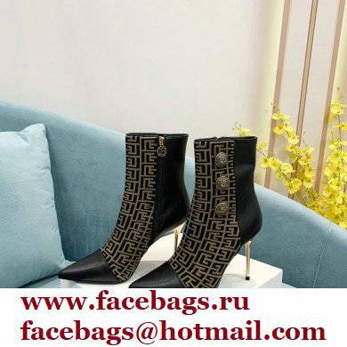 Balmain Heel 9.5cm Roni Ankle Boots Bimaterial Jacquard and Leather Black/Brown with Balmain Monogram 2021