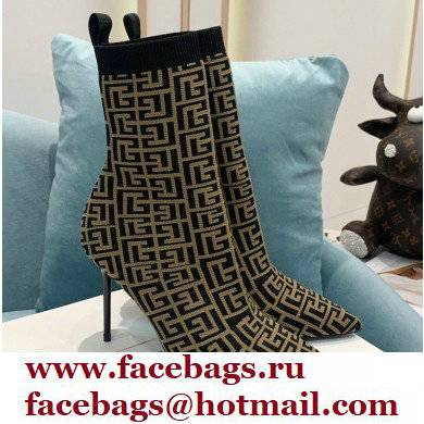 Balmain Heel 9.5cm Stretch Knit Skye Ankle Boots Black/Brown With Balmain Monogram 2021