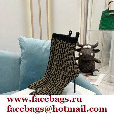 Balmain Heel 9.5cm Stretch Knit Skye Ankle Boots Black/Brown With Balmain Monogram 2021 - Click Image to Close
