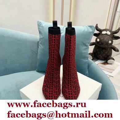 Balmain Heel 9.5cm Stretch Knit Skye Ankle Boots Red With Balmain Monogram 2021 - Click Image to Close
