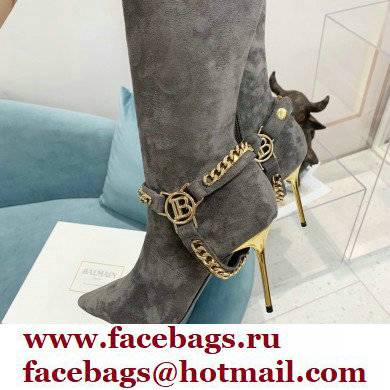 Balmain Okt Chain Detail Thigh-high Boots Suede Gray 2021 - Click Image to Close