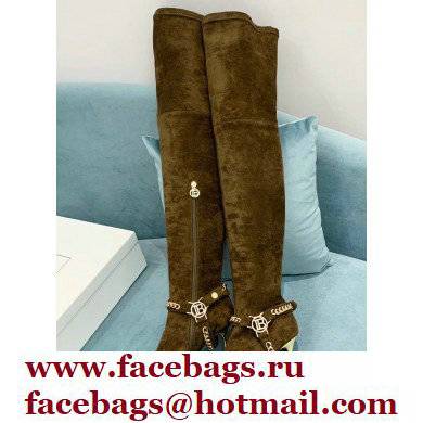 Balmain Okt Chain Detail Thigh-high Boots Suede Khaki 2021 - Click Image to Close