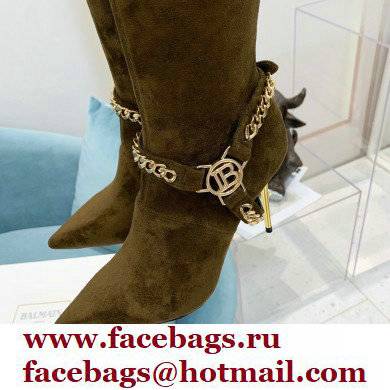 Balmain Okt Chain Detail Thigh-high Boots Suede Khaki 2021 - Click Image to Close