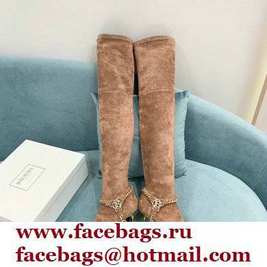 Balmain Okt Chain Detail Thigh-high Boots Suede Nude 2021