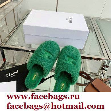 Celine Fur Slides Triomphe Closed Slippers in Shearling Green 2021