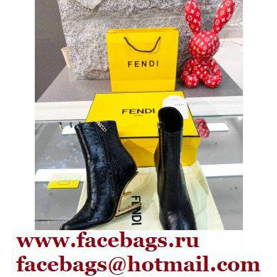 FENDI FIRST Leather High-heeled Boots Ostrich Pattern Black 2021