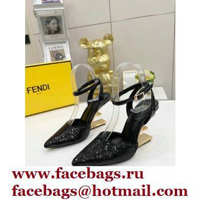 FENDI FIRST Leather High-heeled Sandals Sequins Black with Ankle Strap 2021