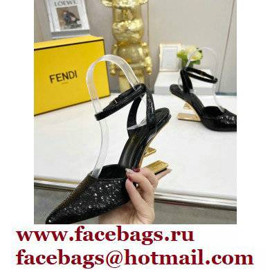FENDI FIRST Leather High-heeled Sandals Sequins Black with Ankle Strap 2021