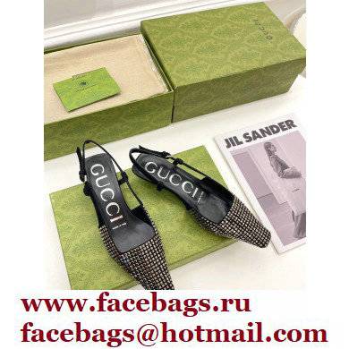 Gucci Heel 4cm Crystals Slingback Pumps Black 2022 - Click Image to Close