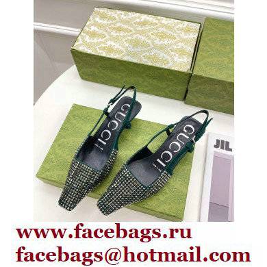 Gucci Heel 4cm Crystals Slingback Pumps Green 2022 - Click Image to Close