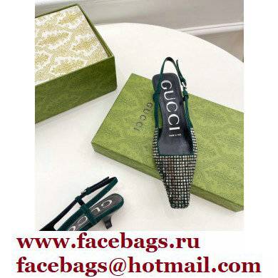 Gucci Heel 4cm Crystals Slingback Pumps Green 2022 - Click Image to Close