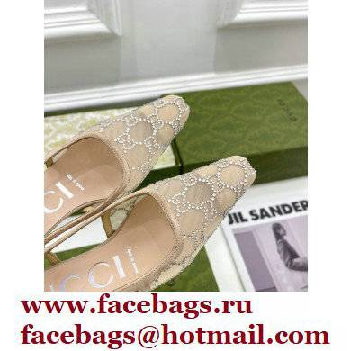 Gucci Heel 4cm GG Slingback Pumps Mesh Beige/Crystals 2022 - Click Image to Close
