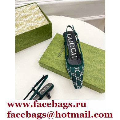 Gucci Heel 4cm GG Slingback Pumps Mesh Green/Crystals 2022 - Click Image to Close