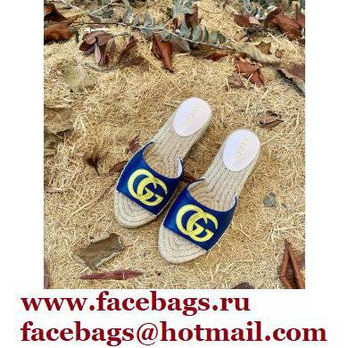 Gucci Heel 6cm Double G Leather Espadrilles Slide Sandals Blue 2022