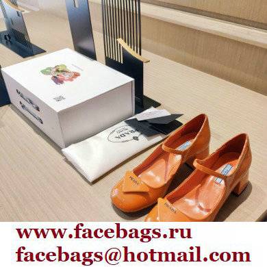 Prada Heel 5cm Triangle Logo Patent Leather Pumps Orange 2021