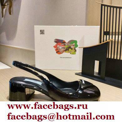 Prada Heel 5cm Triangle Logo Patent Leather Sling-back Pumps Black 2021