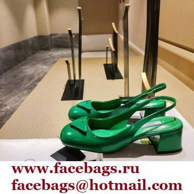Prada Heel 5cm Triangle Logo Patent Leather Sling-back Pumps Green 2021