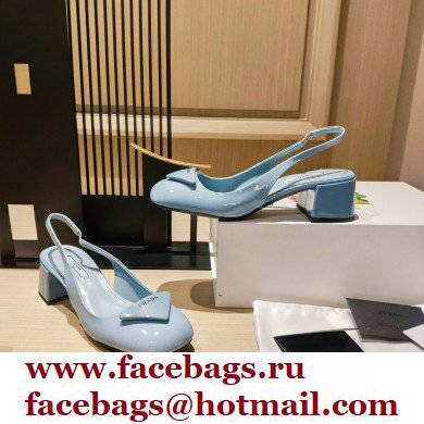 Prada Heel 5cm Triangle Logo Patent Leather Sling-back Pumps Light Blue 2021
