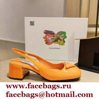 Prada Heel 5cm Triangle Logo Patent Leather Sling-back Pumps Orange 2021