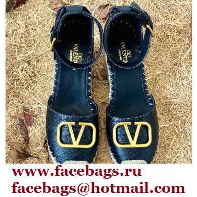Valentino Leather VLogo Wedge Espadrilles Black - Click Image to Close