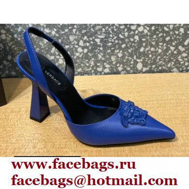 Versace Heel 11cm La Medusa Sling-back Pumps Patent Blue 2021 - Click Image to Close