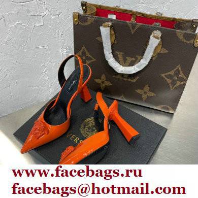 Versace Heel 11cm La Medusa Sling-back Pumps Patent Orange 2021 - Click Image to Close