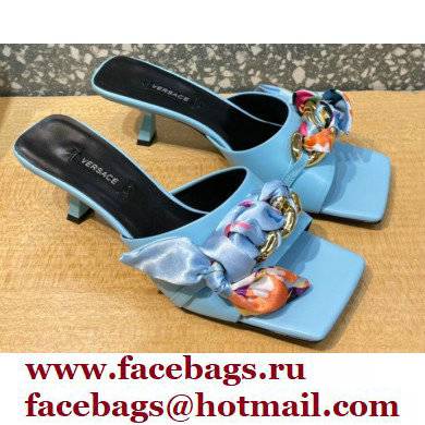 Versace Heel 5.5cm Medusa Chain Foulard Mules Sky Blue 2021 - Click Image to Close