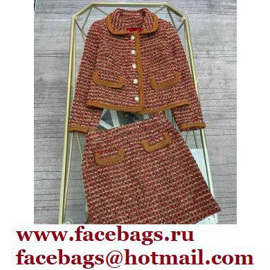 chanel red tweed coat and skirt 2022SS