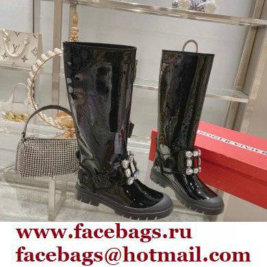roger vivier Walky Viv' Strass Buckle High Boots in patent Leather black