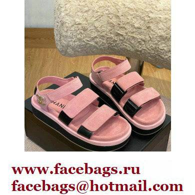 Chanel CC Logo Suede Velcro Sandals Pink 2022
