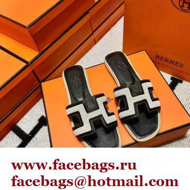 Hermes Calfskin and Canvas Oran Sandals Black/White