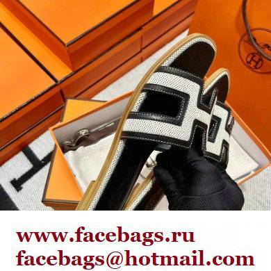 Hermes Calfskin and Canvas Oran Sandals Black/White