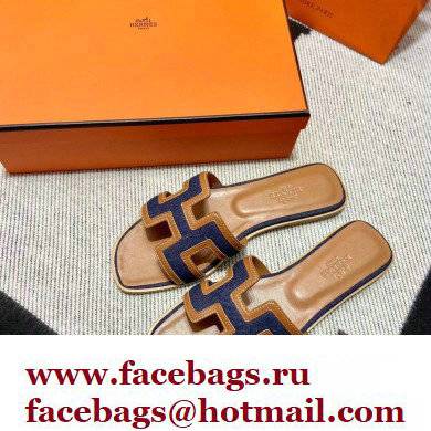 Hermes Calfskin and Canvas Oran Sandals Brown/Denim Blue