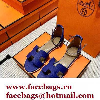 Hermes Epsom Calfskin Santorini Sandals Handmade Blue