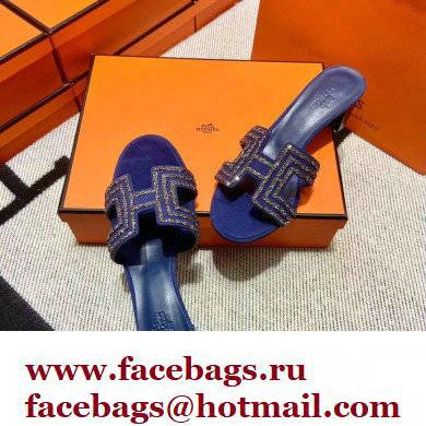 Hermes suede goatskin with rhinestone Oasis Sandals Blue