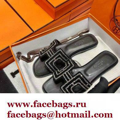 Hermes suede goatskin with rhinestone Oran Sandals Black