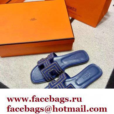 Hermes suede goatskin with rhinestone Oran Sandals Blue