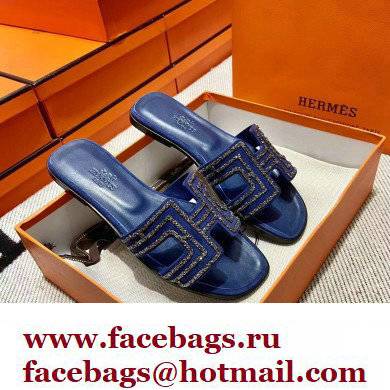 Hermes suede goatskin with rhinestone Oran Sandals Blue