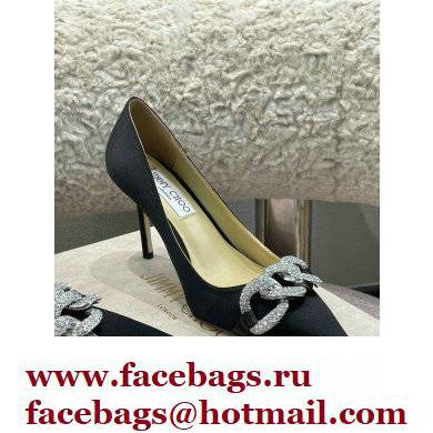 Jimmy Choo Heel Satin Pumps Black with Crystal Chain 2022 - Click Image to Close