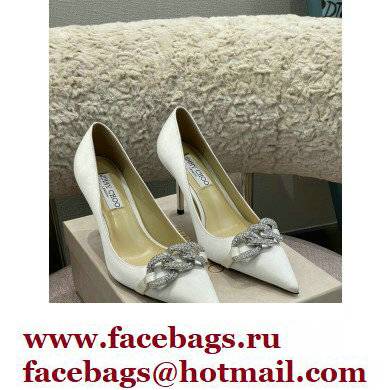 Jimmy Choo Heel Satin Pumps White with Crystal Chain 2022