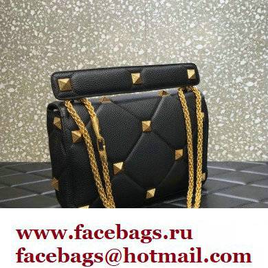 Valentino Grainy Calfskin Large Roman Stud Chain Bag Black 2022