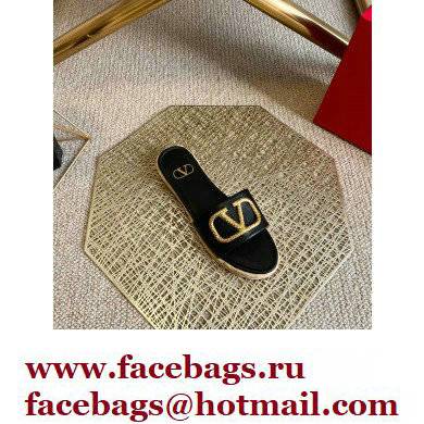 Valentino Leather Vlogo Espadrilles Slide Sandals Black 2022 - Click Image to Close