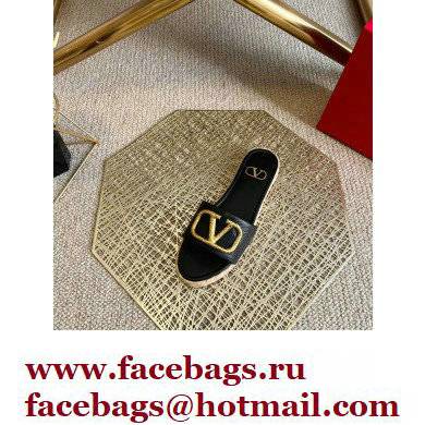 Valentino Leather Vlogo Espadrilles Slide Sandals Black 2022 - Click Image to Close