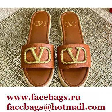 Valentino Leather Vlogo Espadrilles Slide Sandals Brown 2022 - Click Image to Close