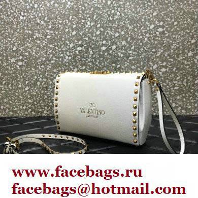 Valentino Rockstud Alcove Grainy Calfskin Crossbody Bag White/Gold 2022 - Click Image to Close