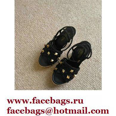Valentino Roman Stud Macrome Espadrille Wedge Sandals Black 2022 - Click Image to Close
