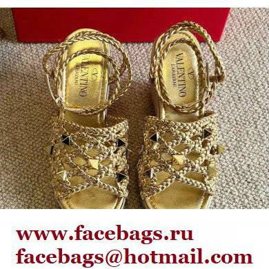 Valentino Roman Stud Macrome Espadrille Wedge Sandals Gold 2022 - Click Image to Close
