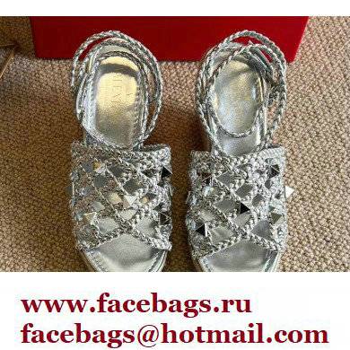 Valentino Roman Stud Macrome Espadrille Wedge Sandals Silver 2022 - Click Image to Close